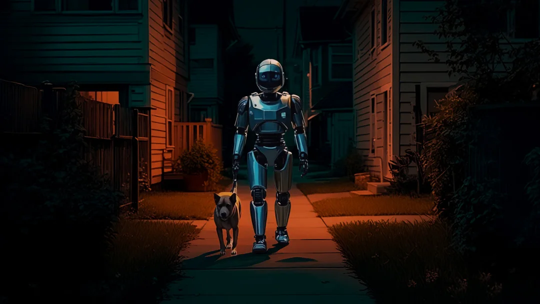 A robot walking a dog down a dark alley at night, artwork from a Humans Being ad