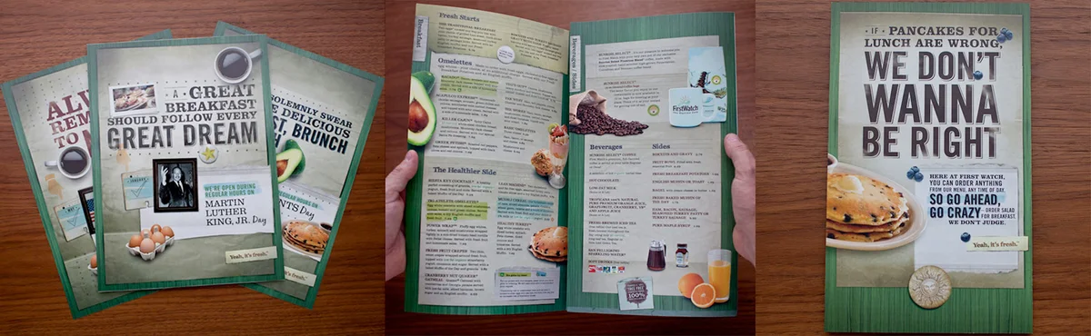 First Watch: Window signs, menus and tabletop materials