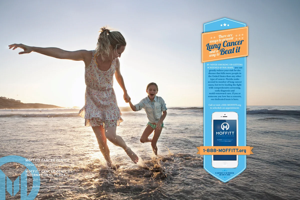 Moffitt ad of a mother and child running through the surf, with a Lung Cancer, Beat it badge