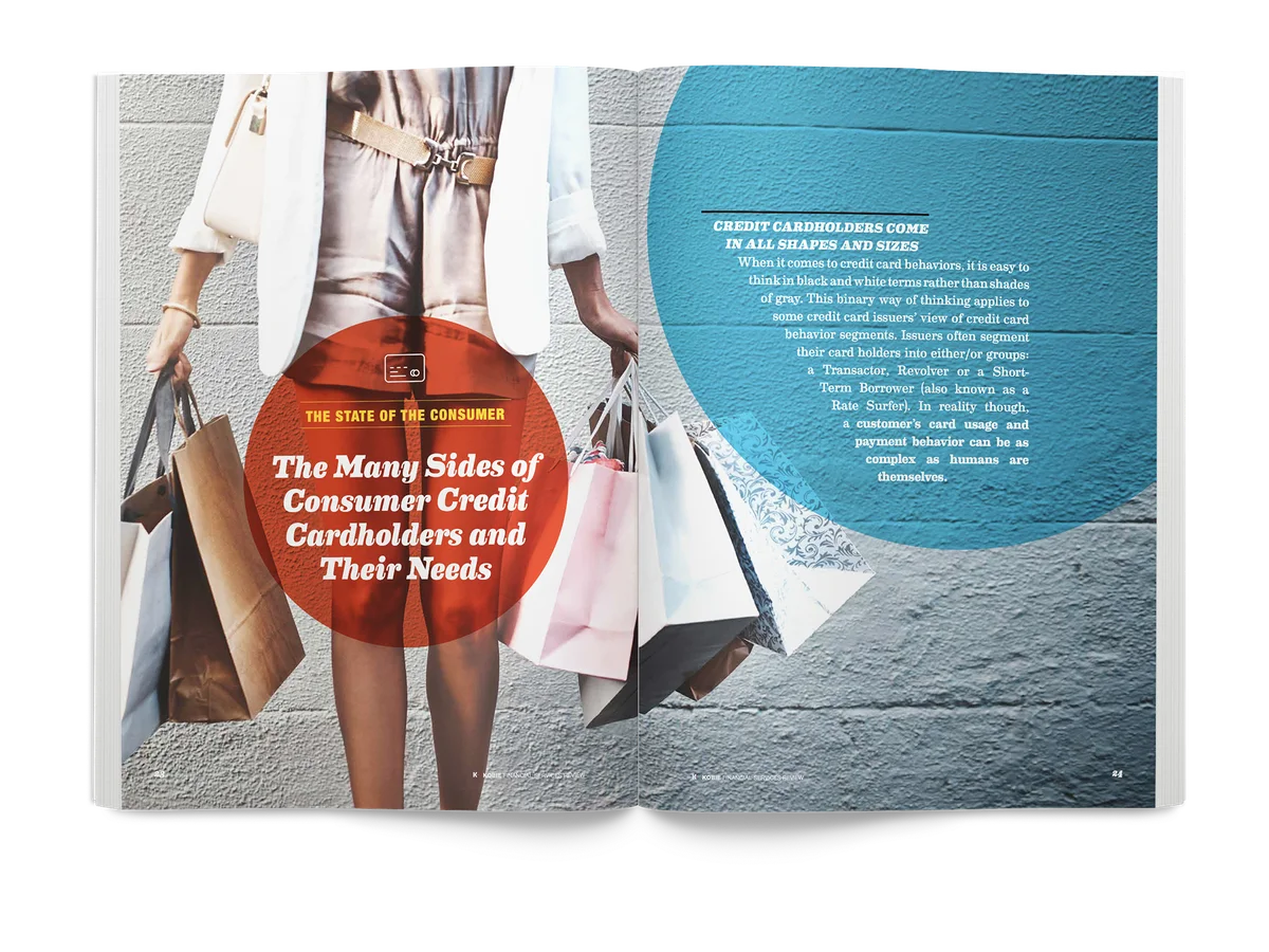 Kobie publication spread titled The Many Sides of Consumer Credit Cardholders and Their Needs