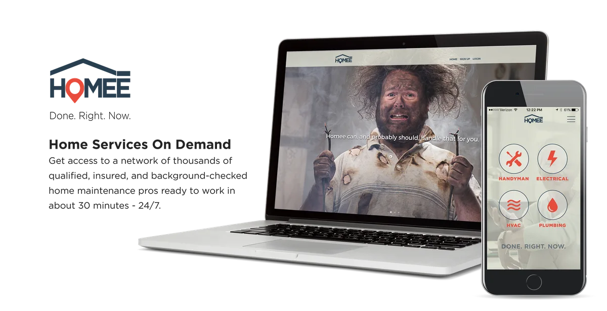 Homee website and app on a laptop and phone, with the headline Home Services On Demand