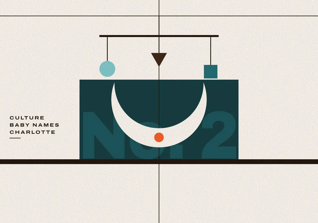 A mobile hangs from the top rule like a ceiling. Below it a cream crescent cradle holds one small orange dot.