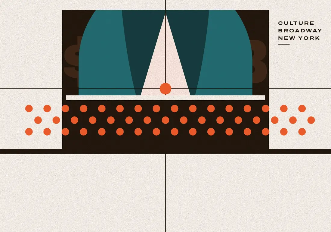 A stage under a teal arch with one orange dot in the spotlight and rows of orange dots filling the seats.