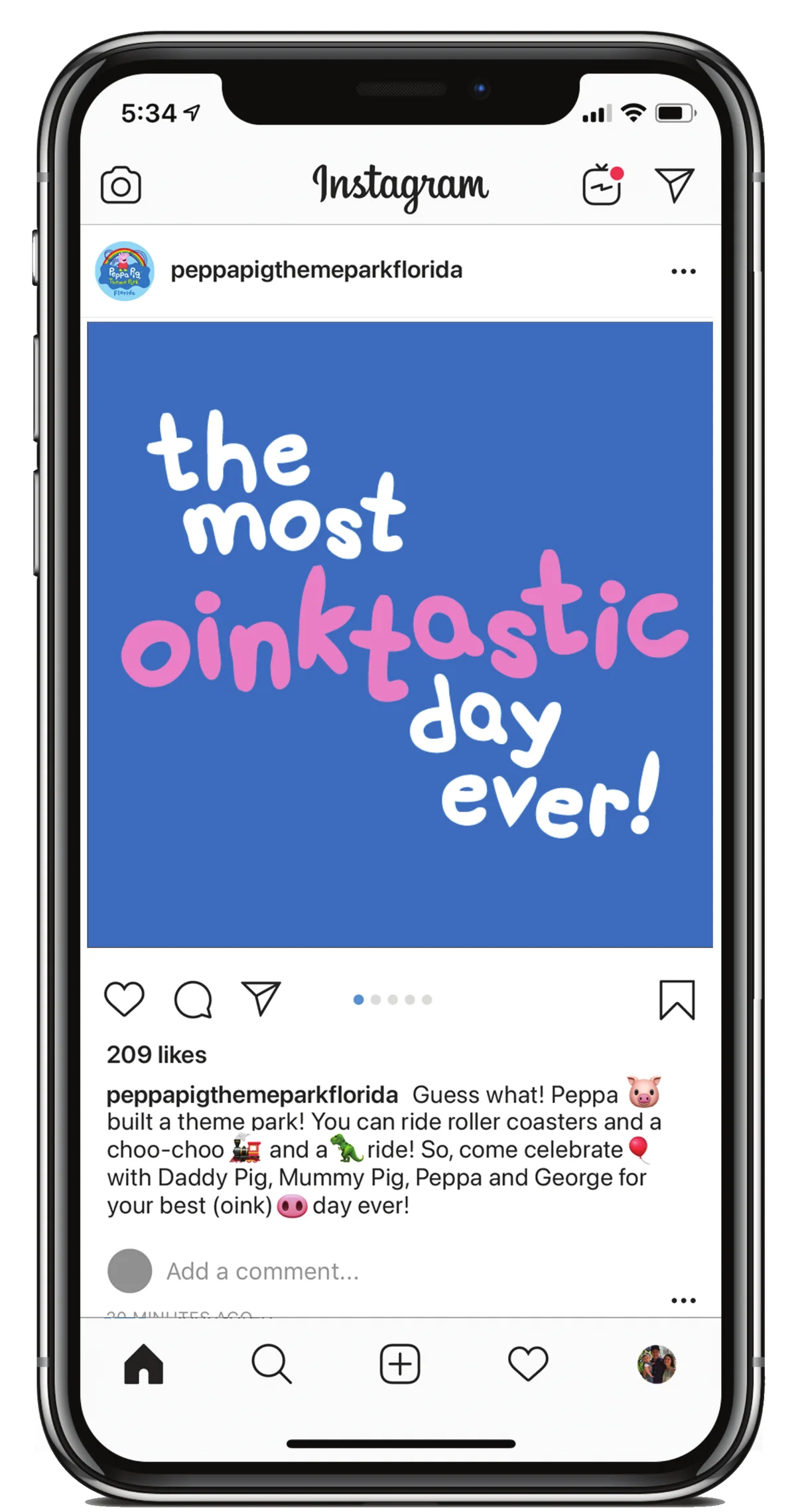 Peppa Pig Theme Park Instagram post on a phone