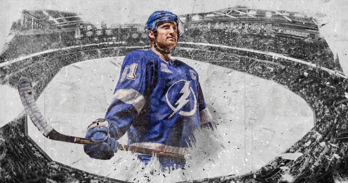 Lightning 25th season key art: Steven Stamkos in front of a black and white arena crowd