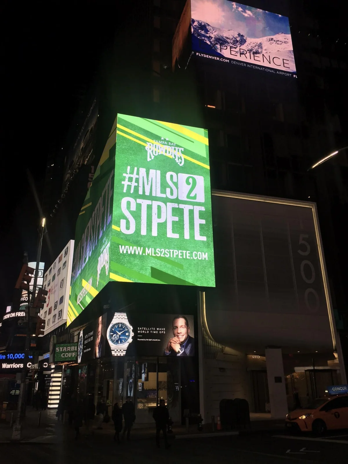#MLS2StPete on a Times Square screen at night