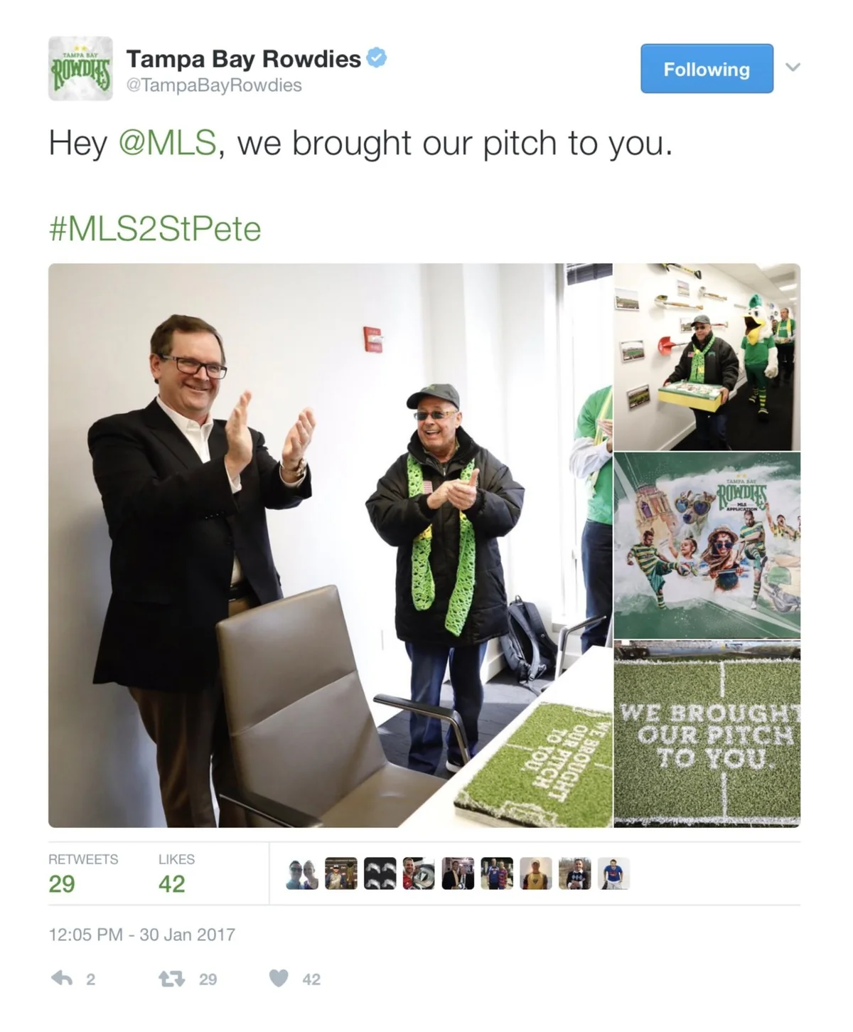 The Tampa Bay Rowdies tweet: Hey @MLS, we brought our pitch to you. #MLS2StPete